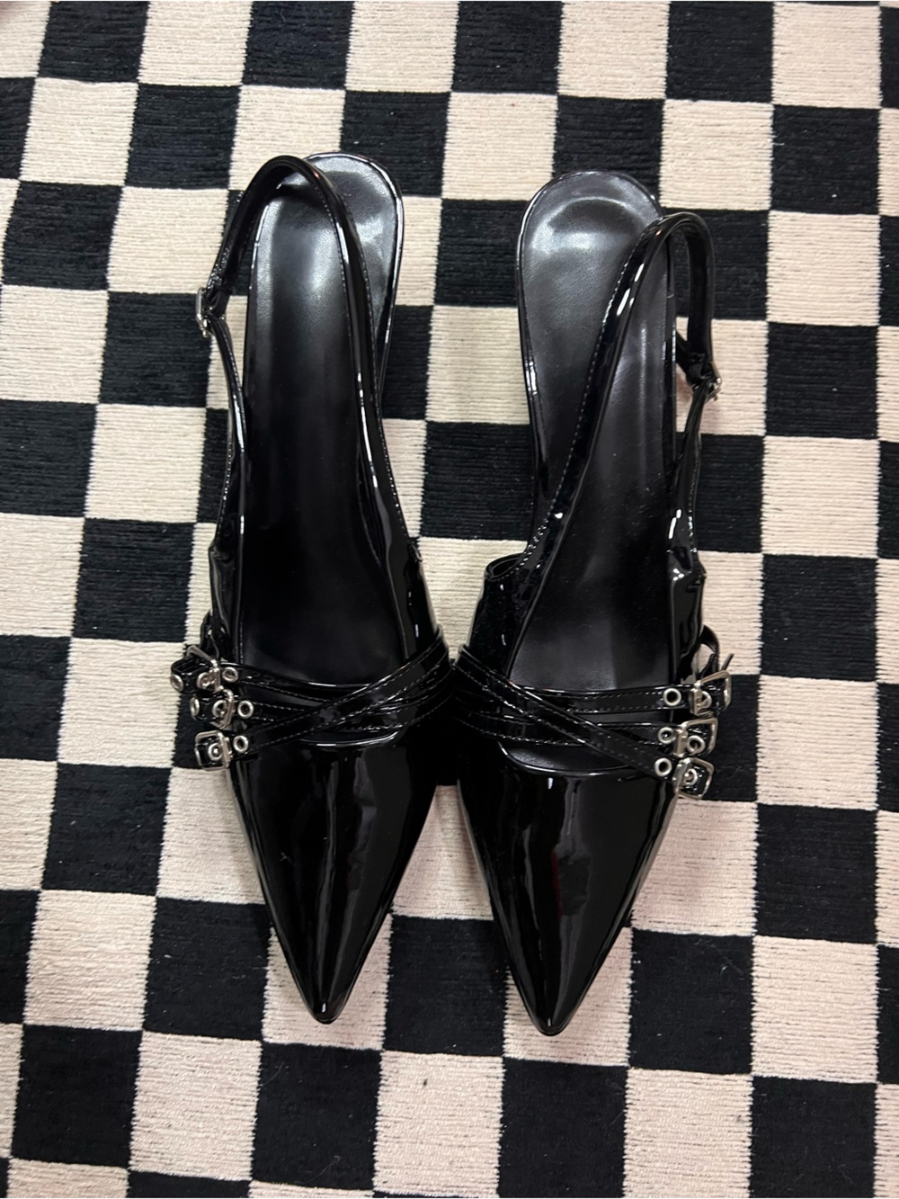 Patent Pointed-Toe Slingback Flats in Black